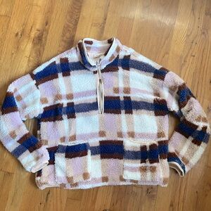 Thread & Supply Fleece Plaid Plush 1/4 Zip-Up Sweatshirt Sweater Cozy Juniors S